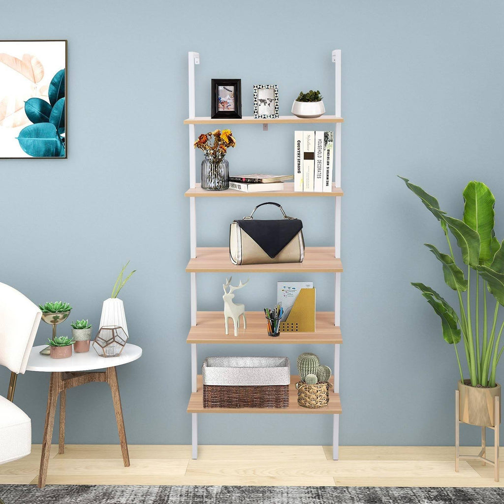 Walnut Beige 5-Tier Wood Ladder Bookcase with Metal Frame X199