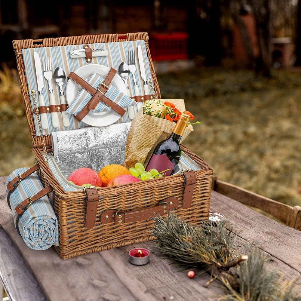 Picnic Basket Set for 2 Persons, Willow Hamper with Insulated Cooler Compartment, Waterproof Blanket and Cutlery Service Kit, Classical Brown Y347121