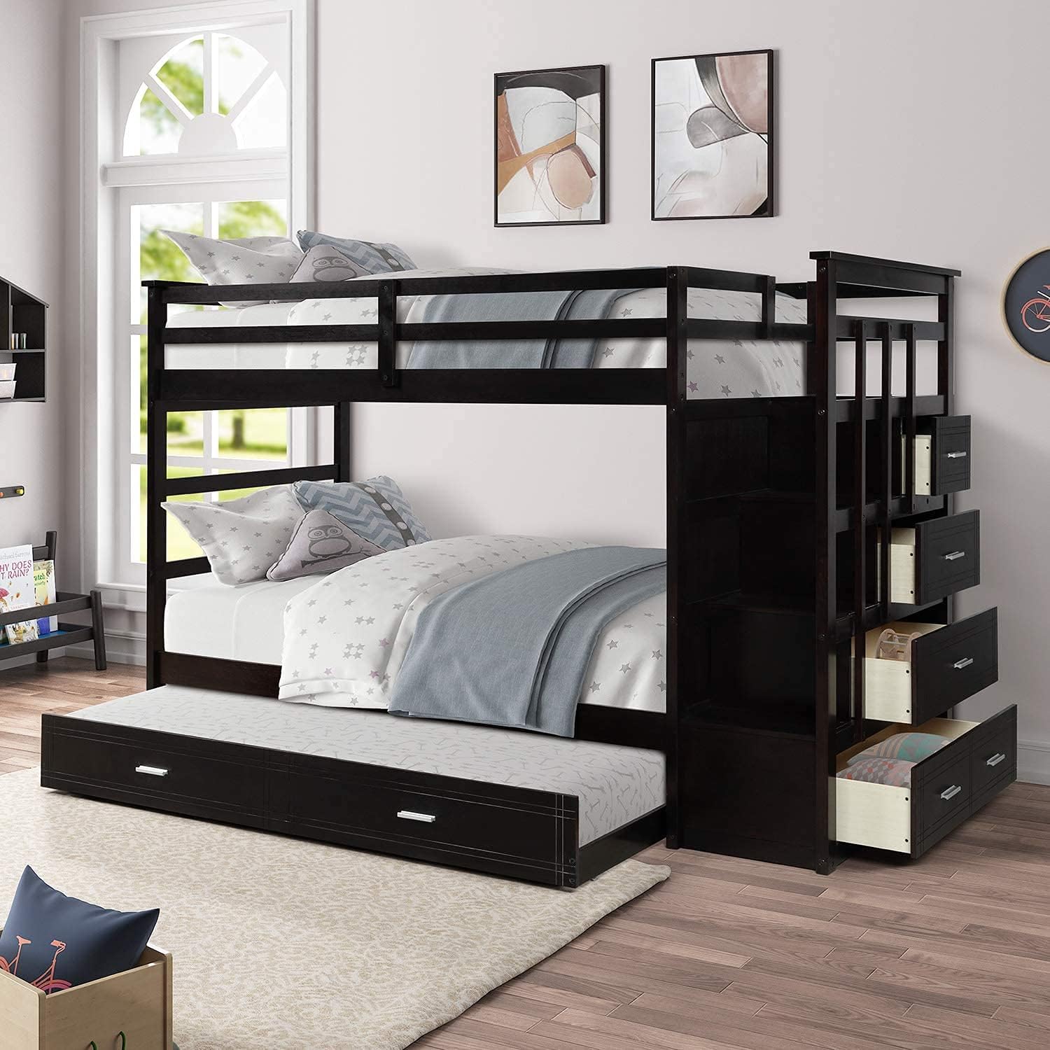 Twin-Over-Twin Solid Pine Wood Bunk Bed with Trundle and 4 Storage Drawers D1784