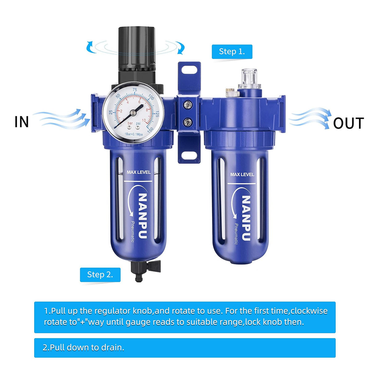 1/4 NPT Compressed Air Filter Regulator Lubricator, Zinc Alloy, 5 Micron Brass Element, 0-150 psi Gauge, Manual Drain D86422