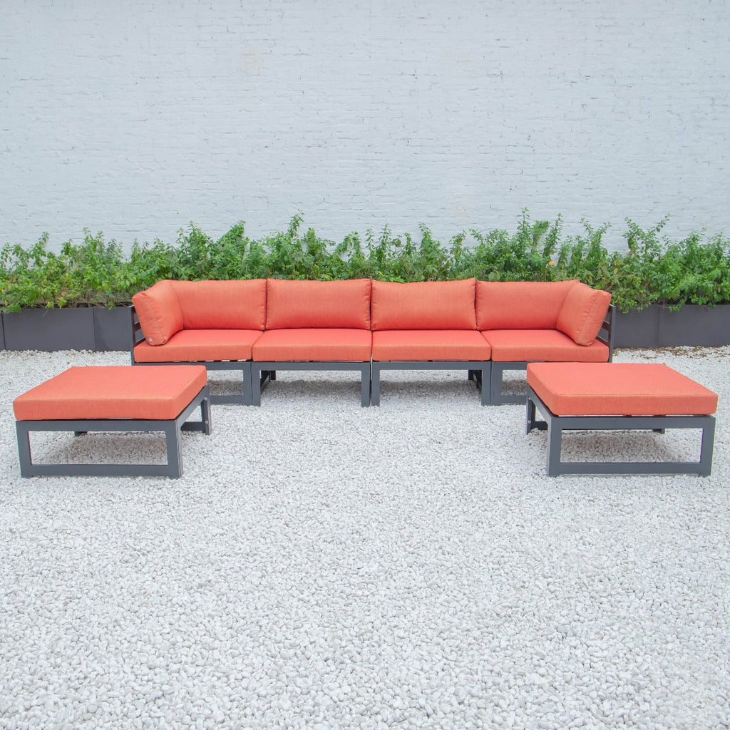 Black Aluminum 6-Piece Patio Sectional Sofa Set with Ottomans & Cushions Y58117
