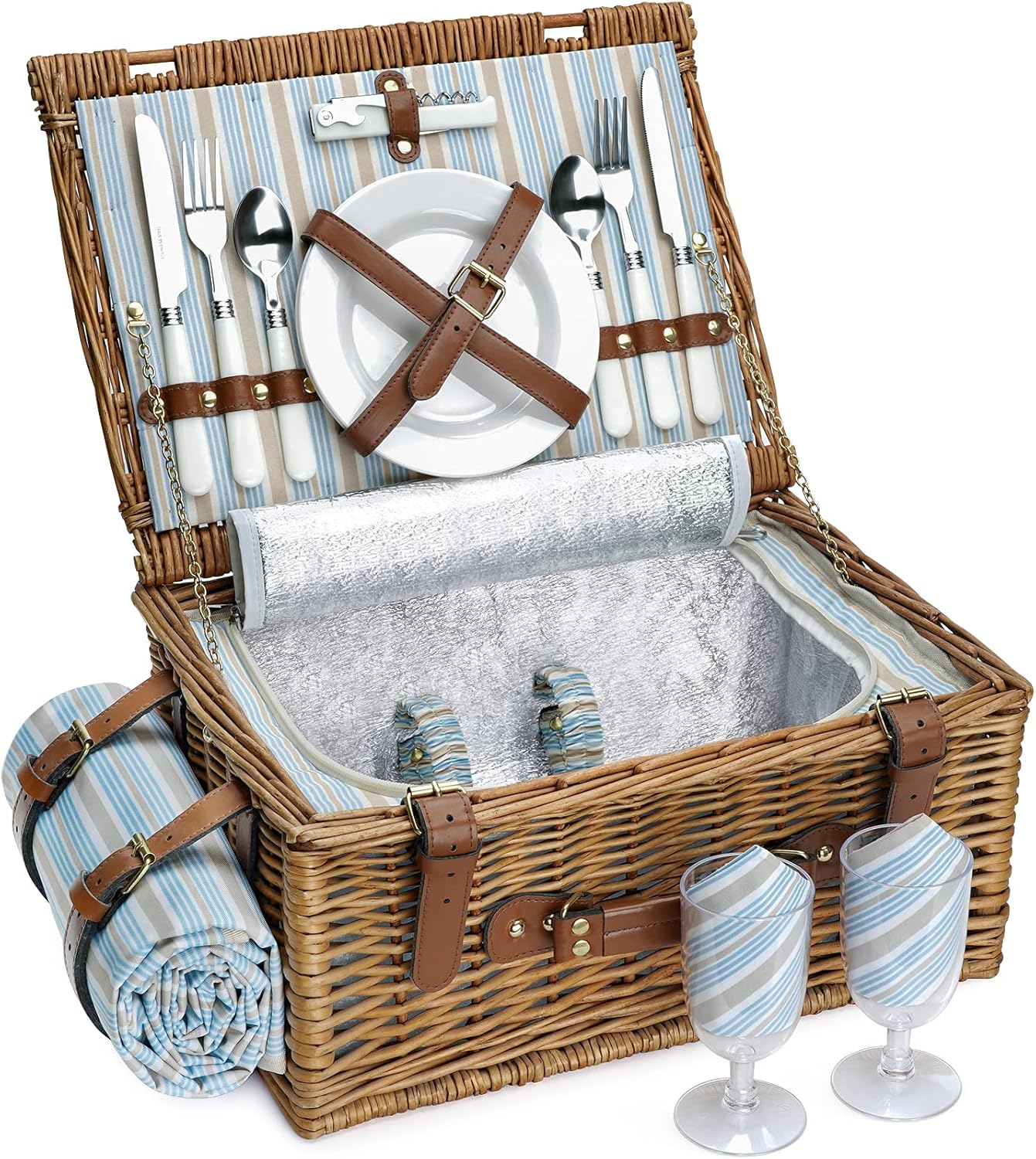 Picnic Basket Set for 2 Persons, Willow Hamper with Insulated Cooler Compartment, Waterproof Blanket and Cutlery Service Kit, Classical Brown Y347121