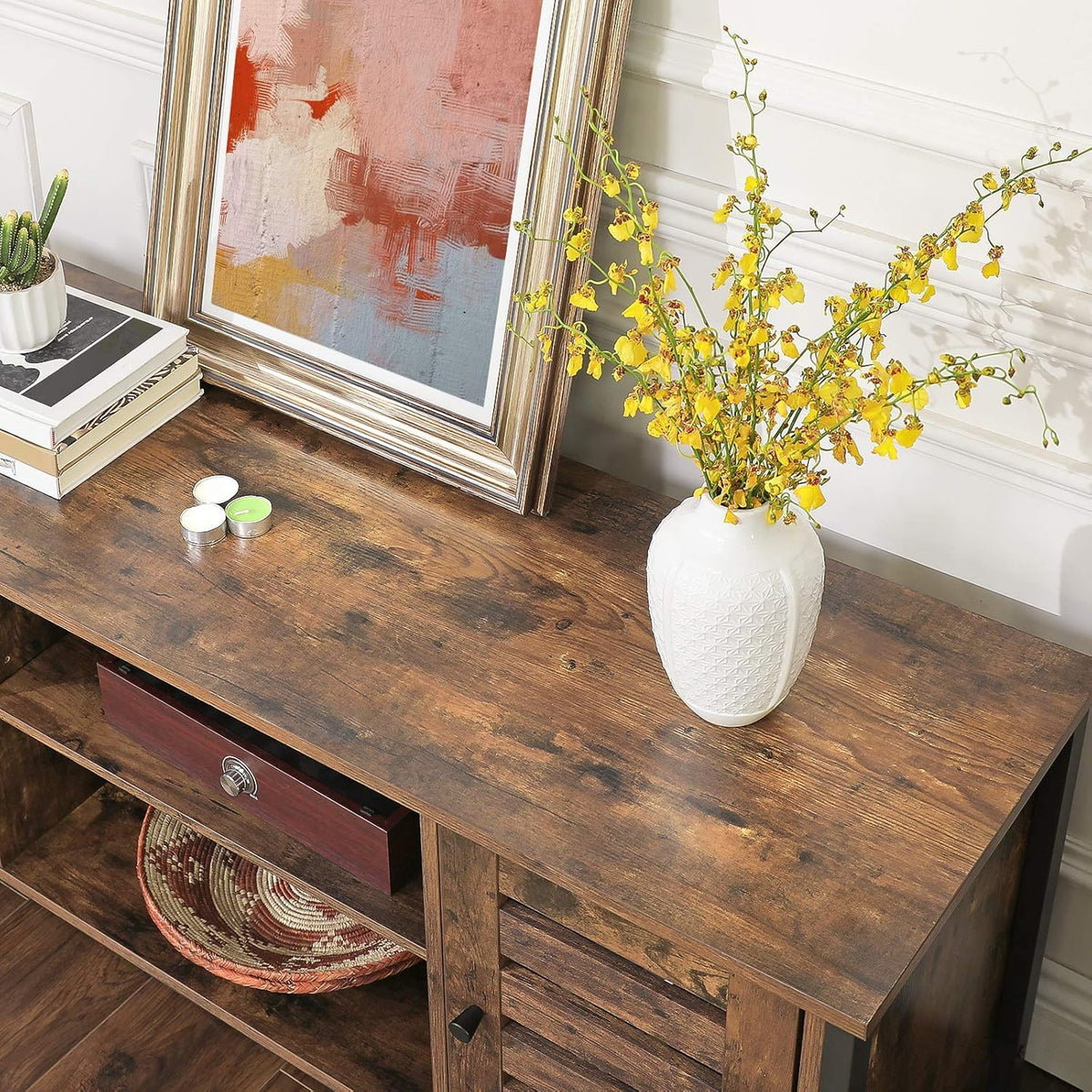 Rustic Brown TV Stand with Storage Shelves and Louvered Doors S288968