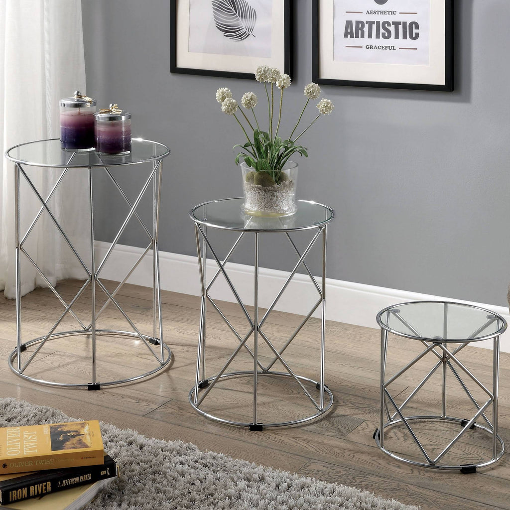 3PC Glass Top Nesting Table Chrome M712