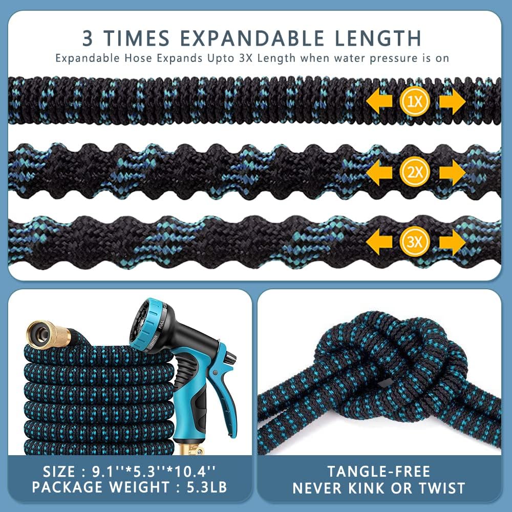 100 FT Expandable Garden Hose with 10 Function Nozzle, 3/4'' Solid Brass Fitting, Pack of 2 P6908