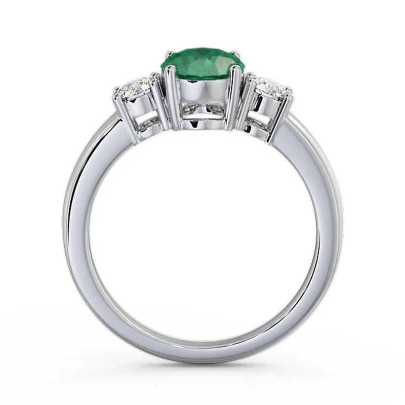 Oval Cut Emerald Three Stone Ring 14K White Gold Size 4 G911