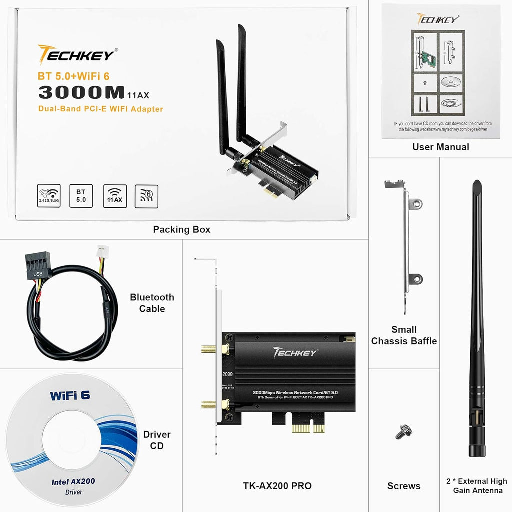 WiFi 6 Card PCIe 3000Mbps Wireless Adapter with Bluetooth 5.0 Dongle Dual Band 5dBi Antenna T8584