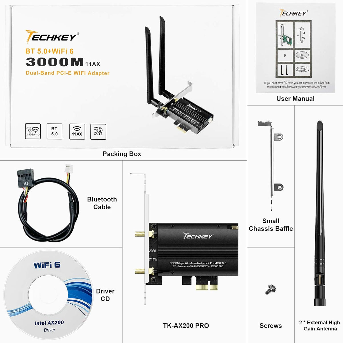 WiFi 6 Card PCIe 3000Mbps Wireless Adapter with Bluetooth 5.0 Dongle Dual Band 5dBi Antenna T8584