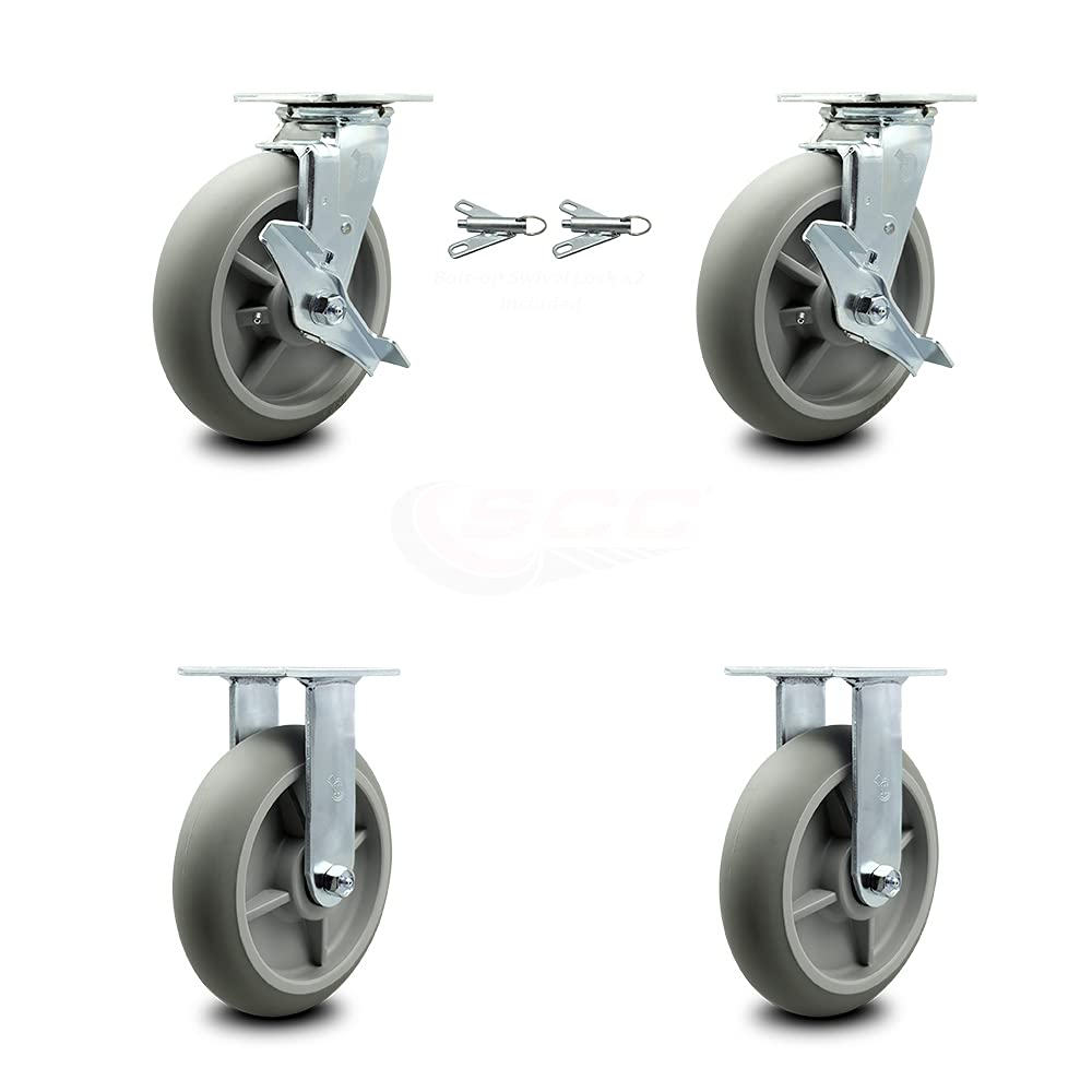 Housekeeping Cart Rigid Caster, 8 Inch Gray Non-Marking Thermoplastic Rubber Wheel, Pack of 2 B634