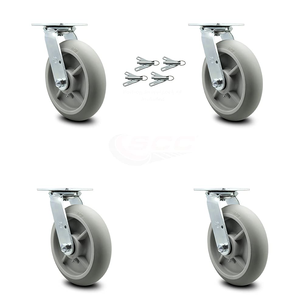 Housekeeping Cart Rigid Caster, 8 Inch Gray Non-Marking Thermoplastic Rubber Wheel, Pack of 2 B634