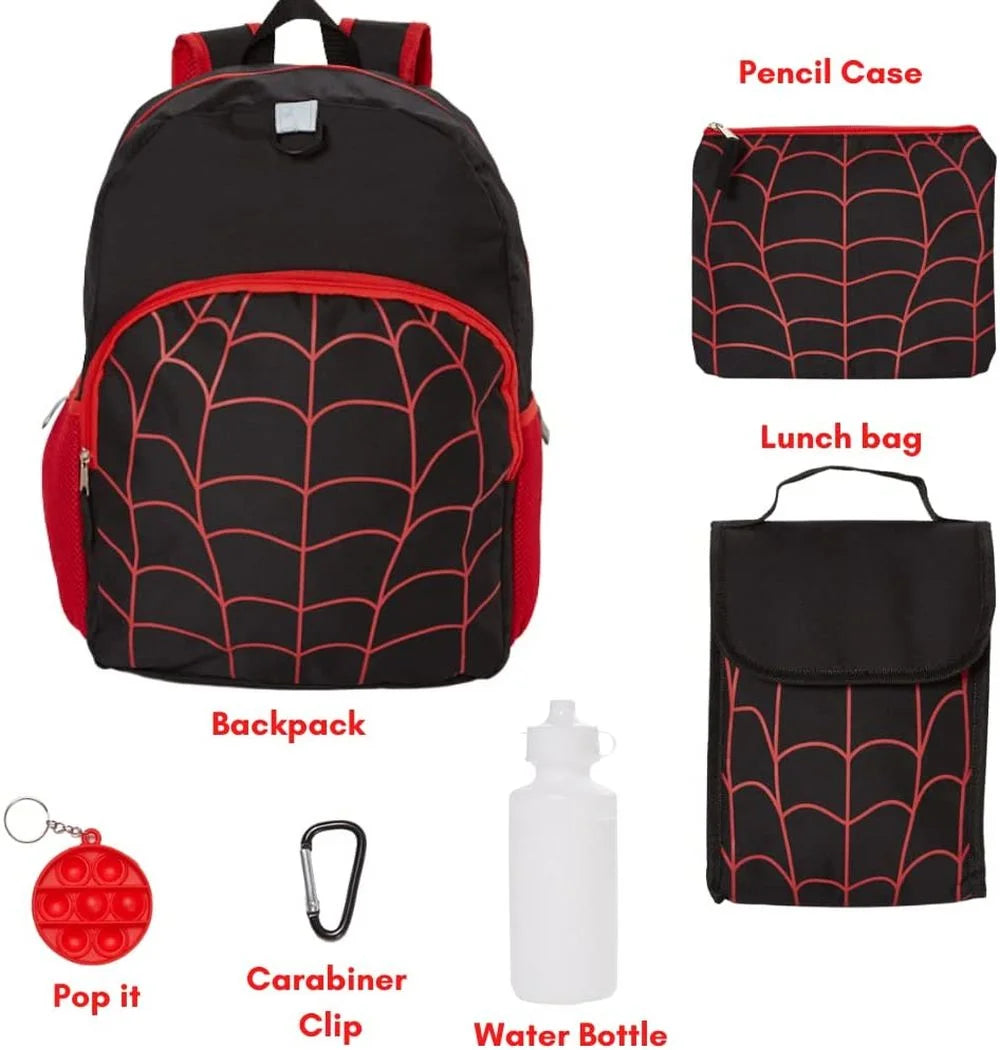 16 inch Red Black Spiderweb Backpack with Lunch Box and Water Bottle C8646