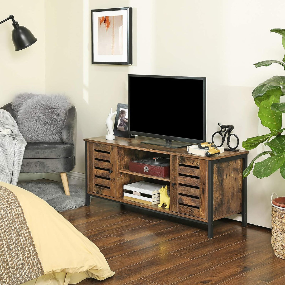 Rustic Brown TV Stand with Storage Shelves and Louvered Doors S288968