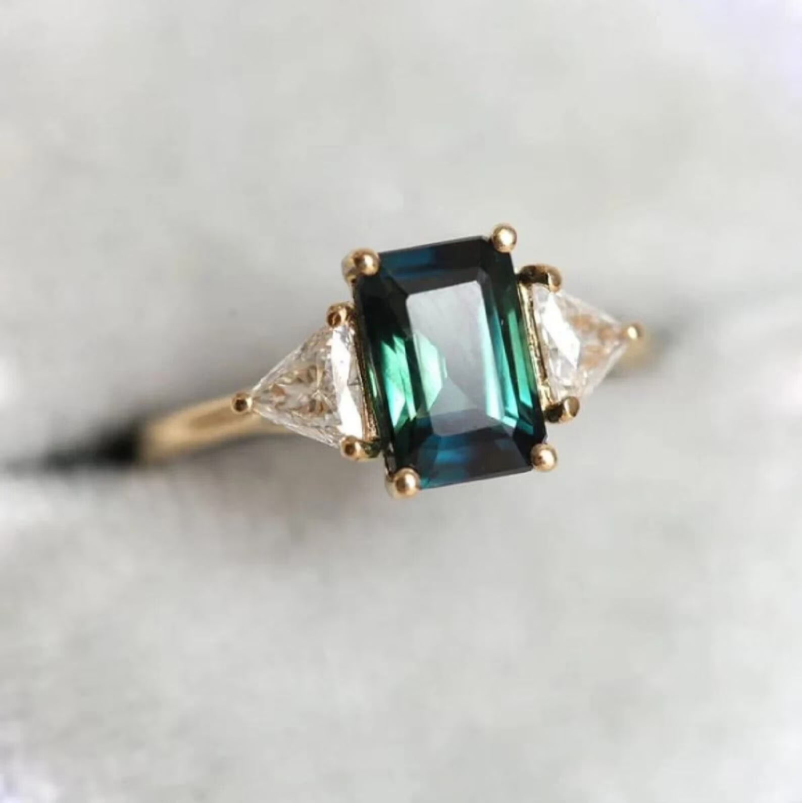 Natural Green Emerald Moissanite Ring 14k Yellow Gold E808296