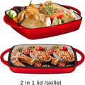 Fire Red Enameled Cast Iron Square Casserole Baking Pan with Griddle Lid H66149