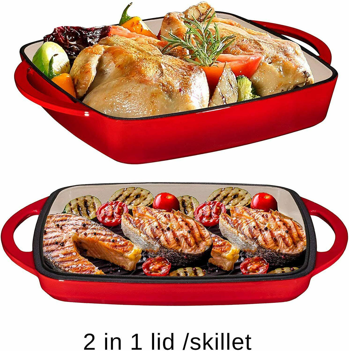 Fire Red Enameled Cast Iron Square Casserole Baking Pan with Griddle Lid H66149