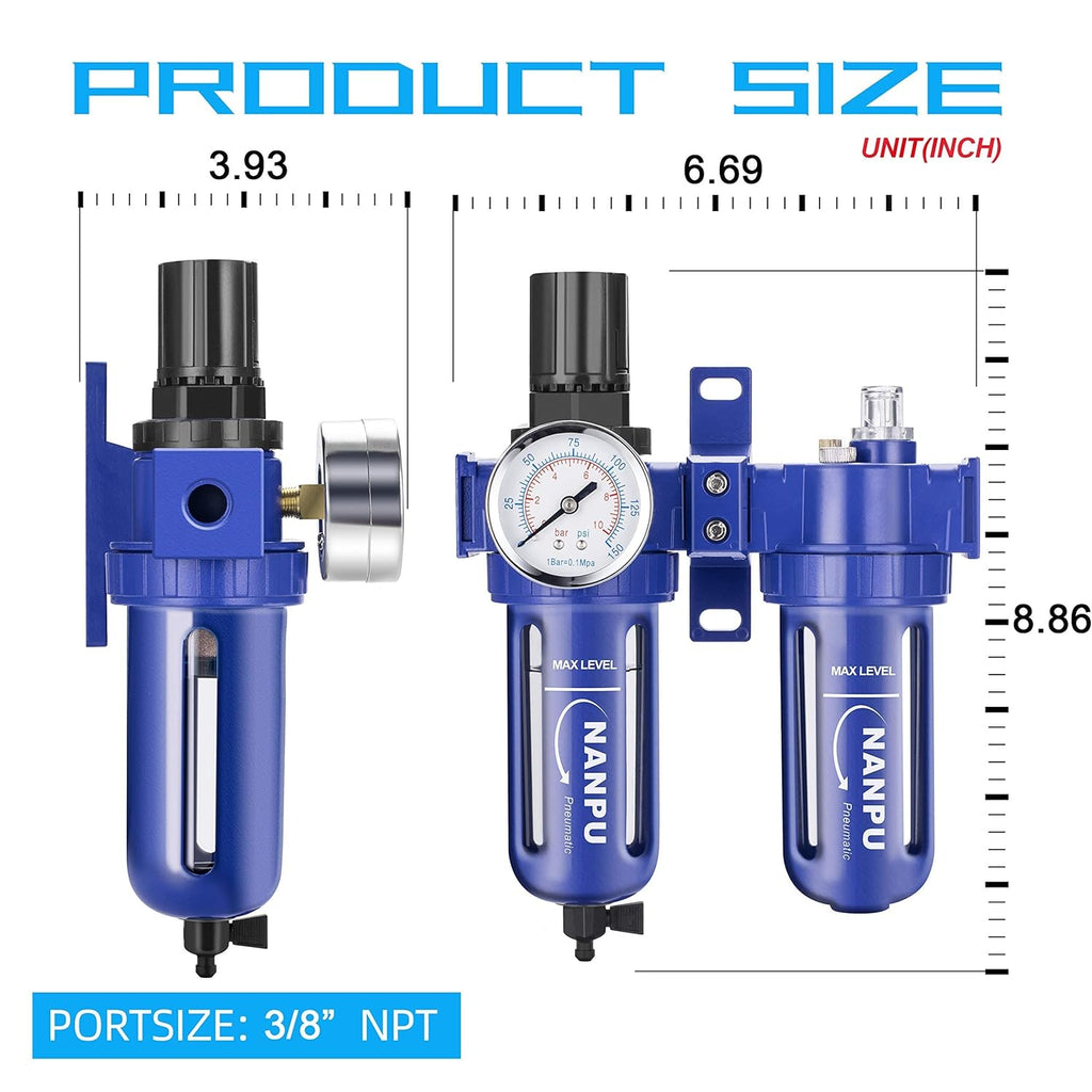 1/4 NPT Compressed Air Filter Regulator Lubricator, Zinc Alloy, 5 Micron Brass Element, 0-150 psi Gauge, Manual Drain D86422