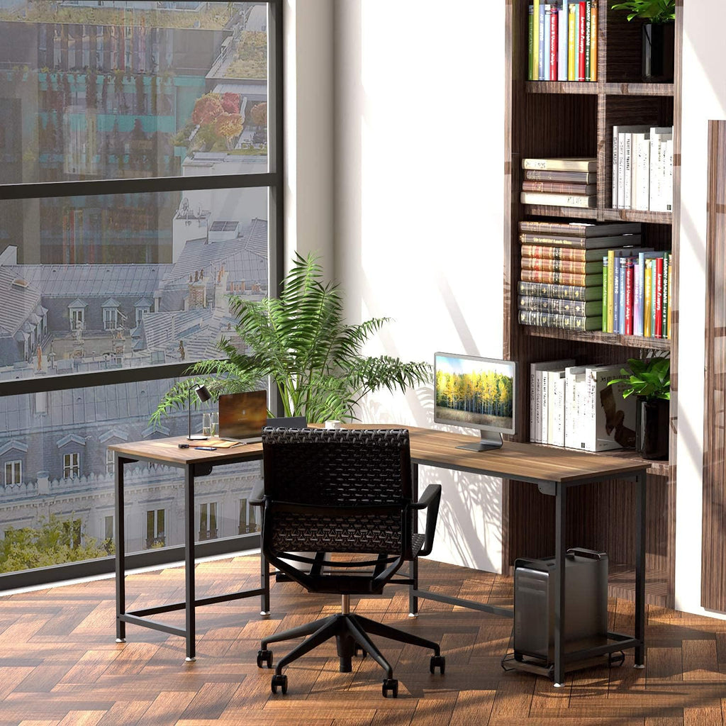Reversible L Shaped Desk Corner Computer Desk with Webcam Wood Metal Teak Black P10921