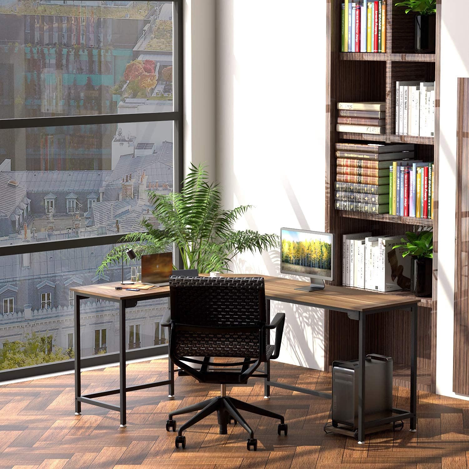 Reversible L Shaped Desk Corner Computer Desk with Webcam Wood Metal Teak Black P10921