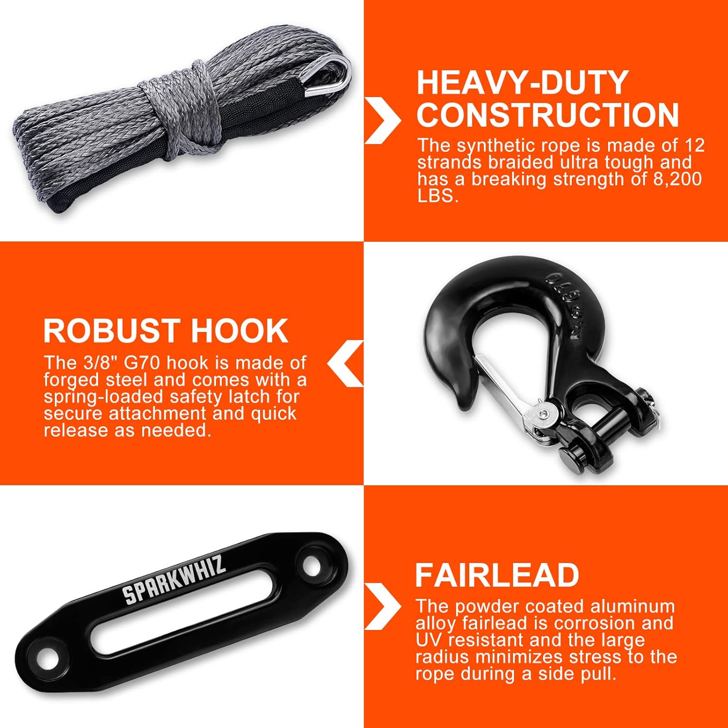Synthetic Winch Rope Kit, 1/4" x 50ft 8200 LBS with Protective Sleeve, Fairlead, Stopper, Hook, Pack of 2 E635345