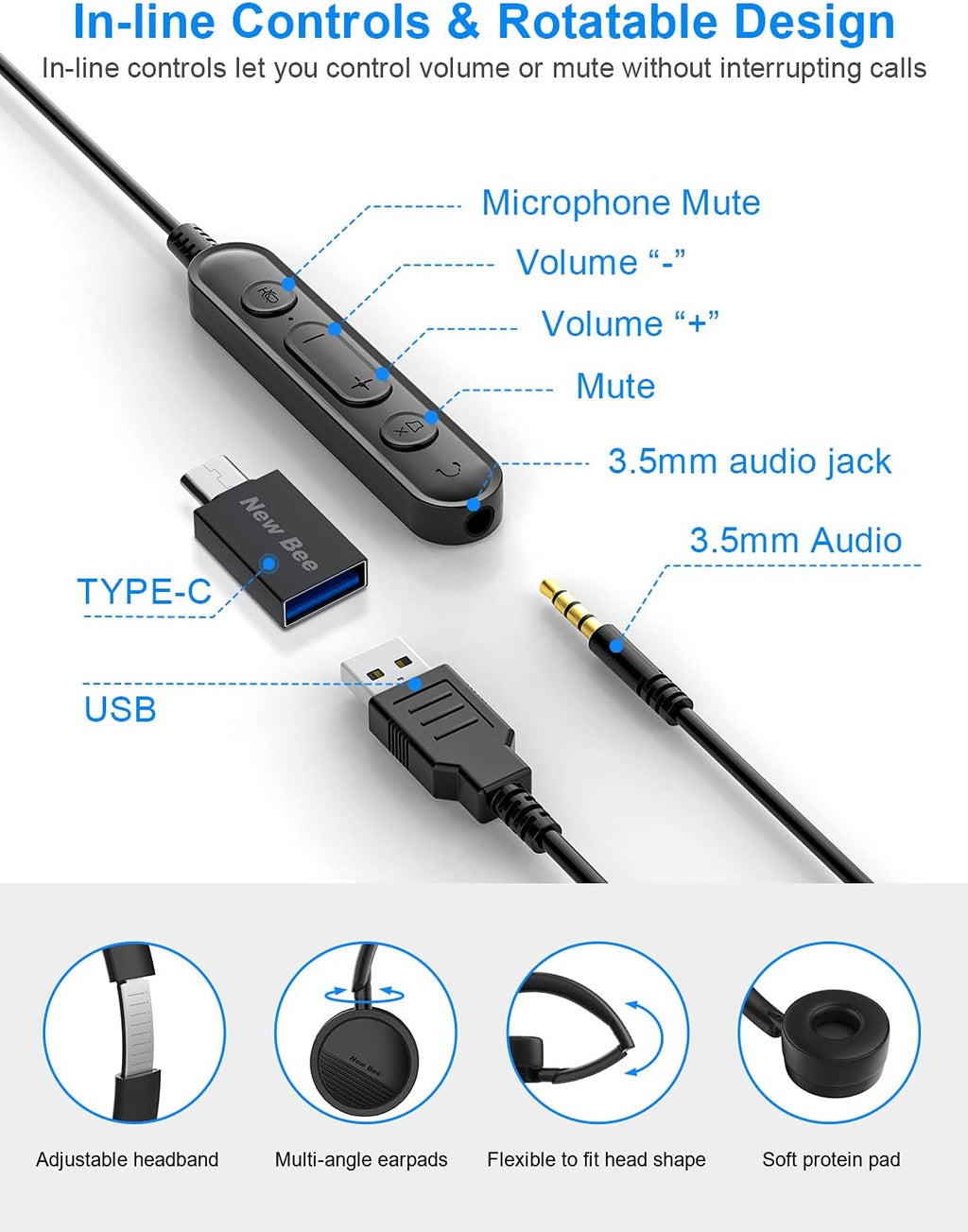 USB Headset with Noise Cancelling Micphone and USB-C Adapter J739