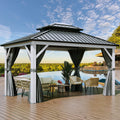 10x12ft Hardtop White Gazebo Double Roof Canopy Galvanized Iron Aluminum Frame with Netting and Shaded Curtains X220509