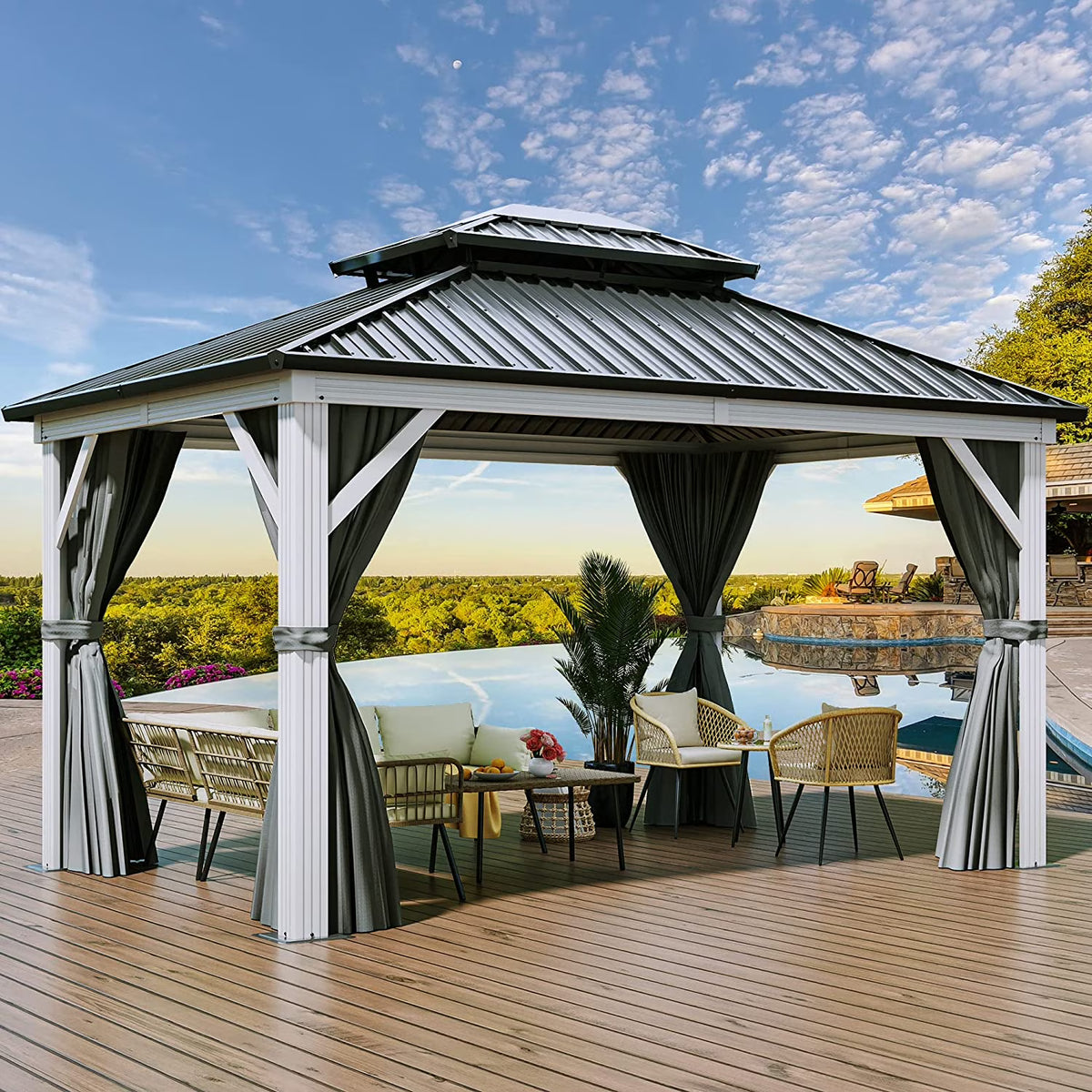 10x12ft Hardtop White Gazebo Double Roof Canopy Galvanized Iron Aluminum Frame with Netting and Shaded Curtains X220509