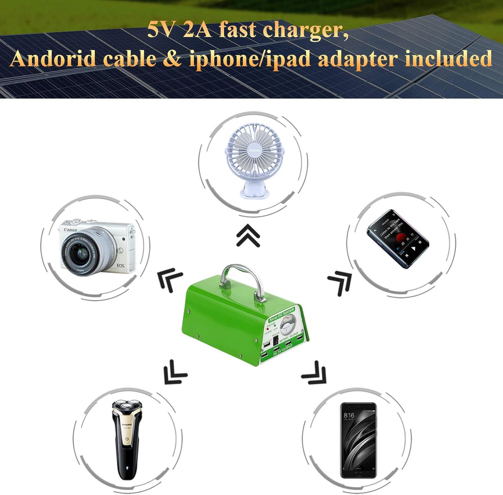 30W Panel Foldable Solar Panel Lighting Kit with 5 USB Solar Charger LED Light Bulb and 5 Cellphone Charger B29504