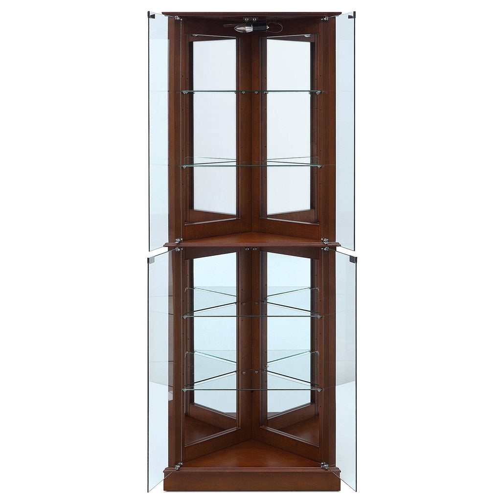 Lighted Corner Curio Cabinet with Tempered Glass Door, 6 Shelves, Walnut Y184