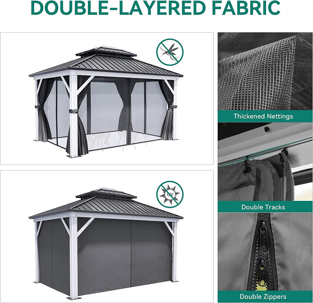 10x12ft Hardtop White Gazebo Double Roof Canopy Galvanized Iron Aluminum Frame with Netting and Shaded Curtains X220509