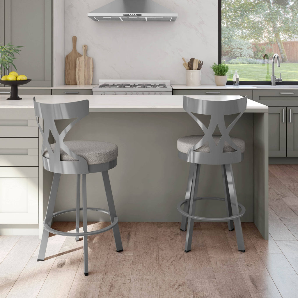 Grey Woven Fabric Black Metal Swivel Bar Stool C3223