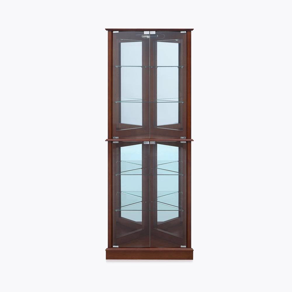 Lighted Corner Curio Cabinet with Tempered Glass Door, 6 Shelves, Walnut Y184