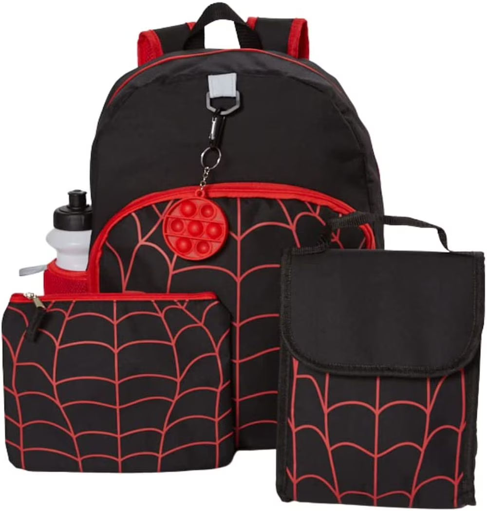 16 inch Red Black Spiderweb Backpack with Lunch Box and Water Bottle C8646