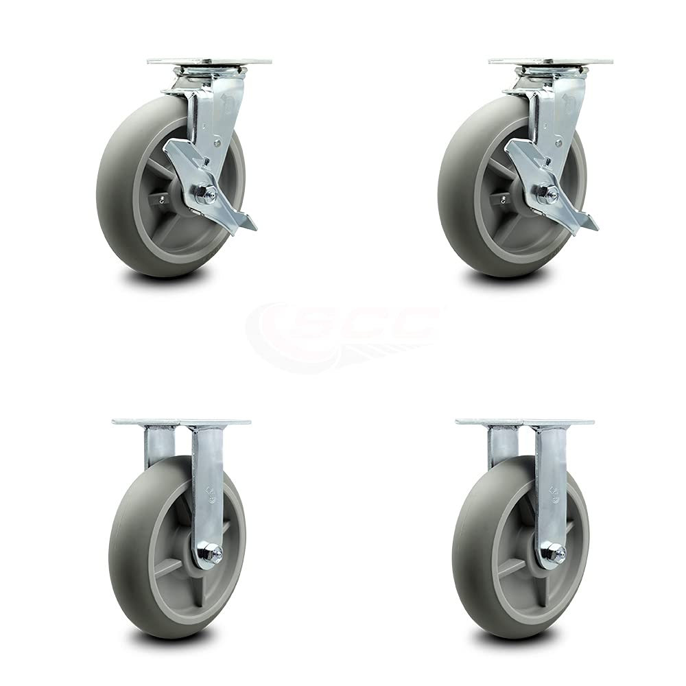 Housekeeping Cart Rigid Caster, 8 Inch Gray Non-Marking Thermoplastic Rubber Wheel, Pack of 2 B634