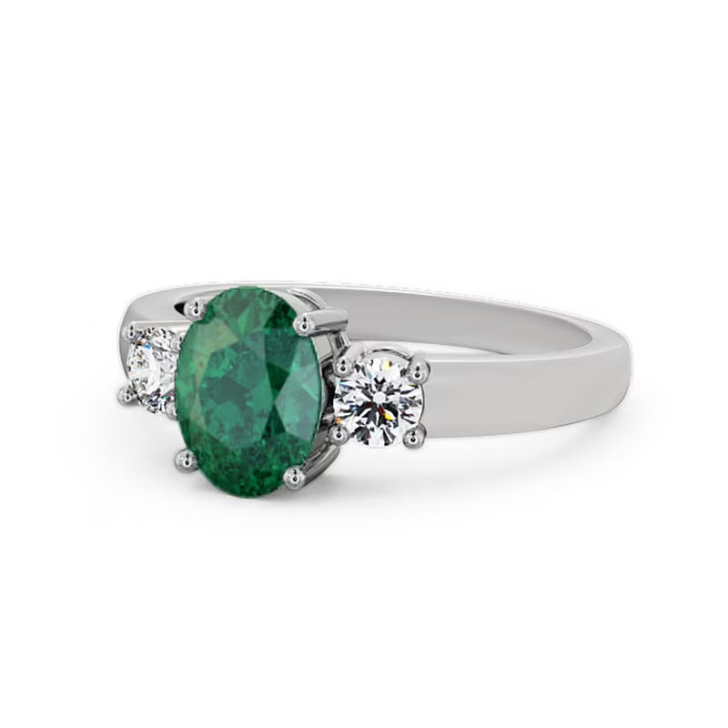 Oval Cut Emerald Three Stone Ring 14K White Gold Size 4 G911
