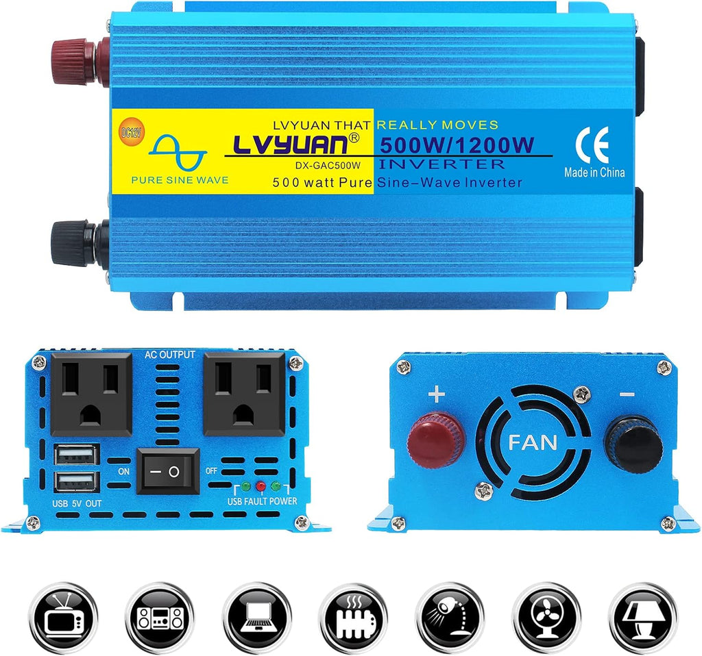 4000W Pure Sine Wave Power Inverter 12V DC to 110V 120V AC with 4 AC Outlets and 3.1A USB Port W651