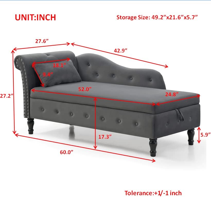 Blue Upholstered Chaise Lounge Chair with Pillow Solid Wood V455