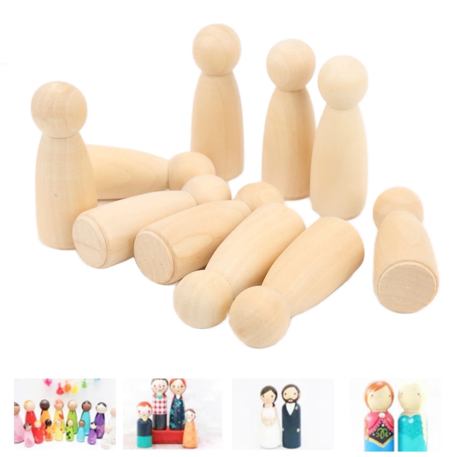 10Pcs Unfinished Wooden Peg Dolls for Kids DIY Craft 75mm / 3.0in H573532