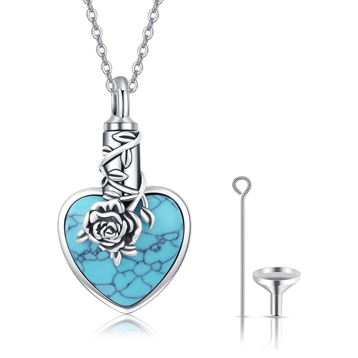 Natural Turquoise Urn Necklace Sterling Silver Heart Pendant Necklaces for Ashes A12170