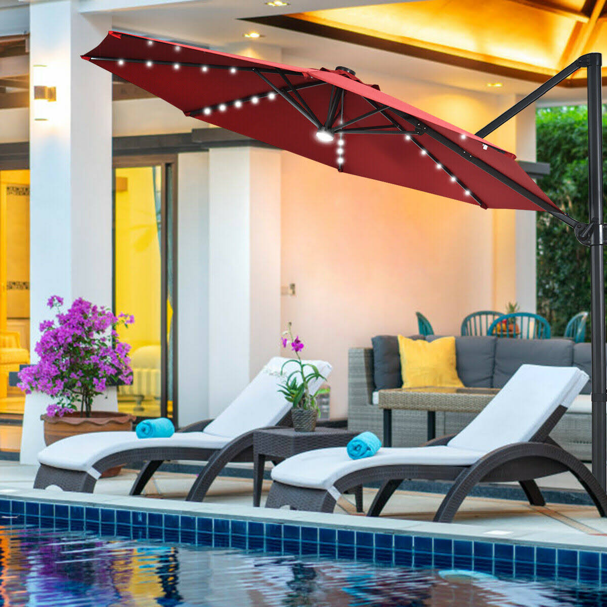 Wine Patio Offset Cantilever Umbrella with Solar Lights X19314
