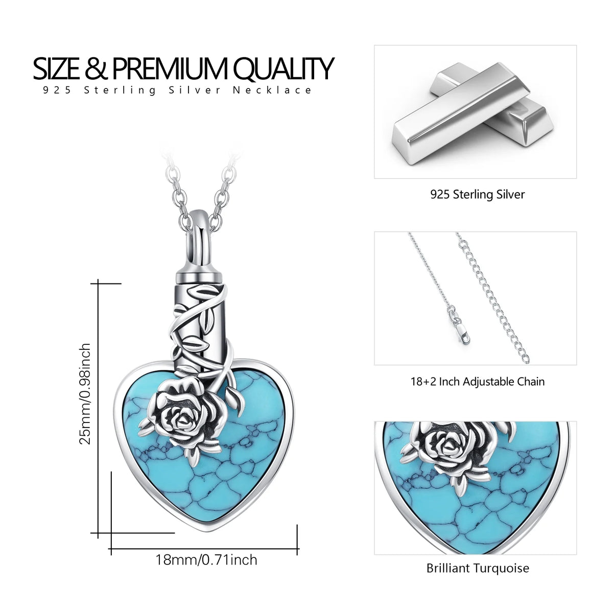 Natural Turquoise Urn Necklace Sterling Silver Heart Pendant Necklaces for Ashes A12170