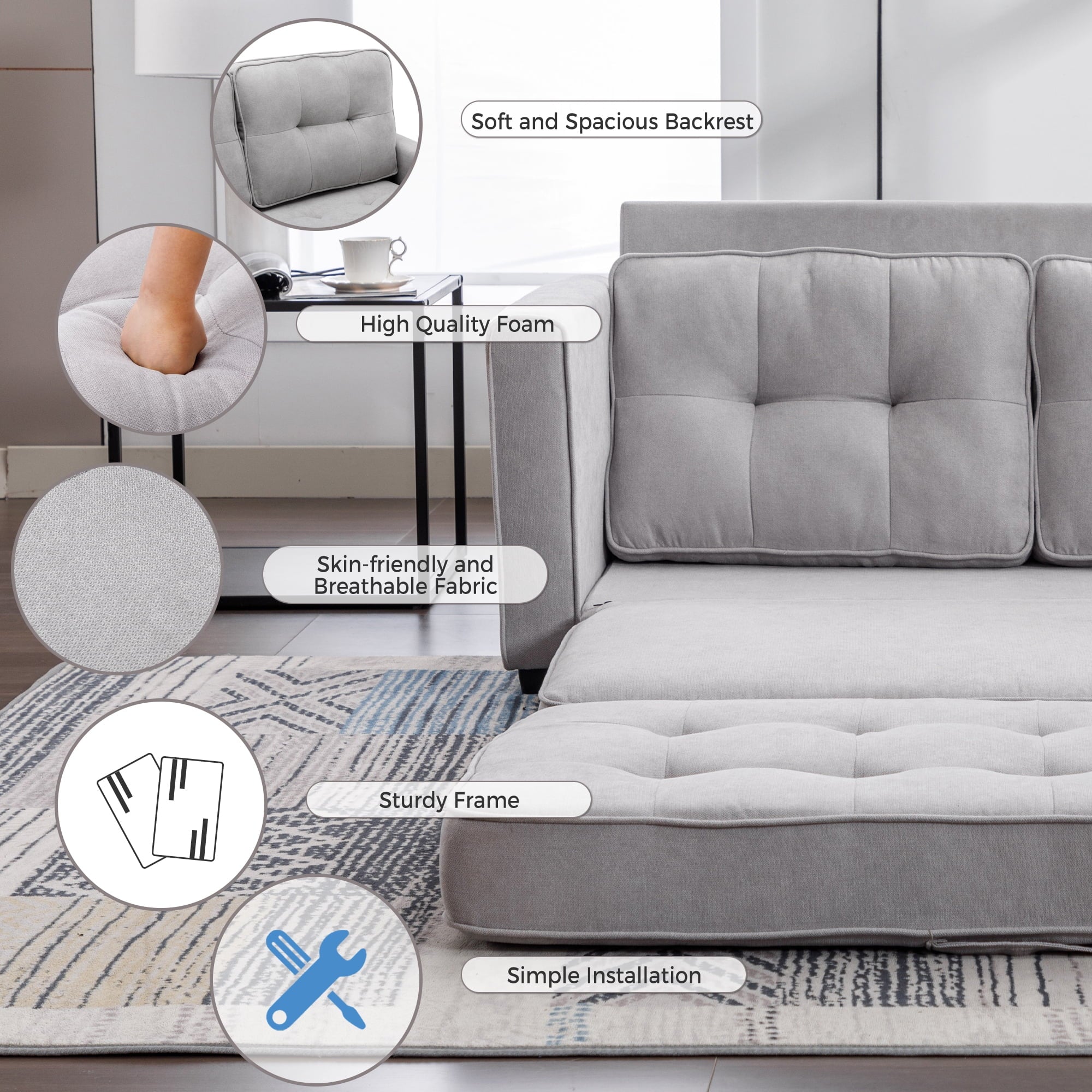 Grey Upholstered Loveseat Sofa with Pull-Out Bed B12129