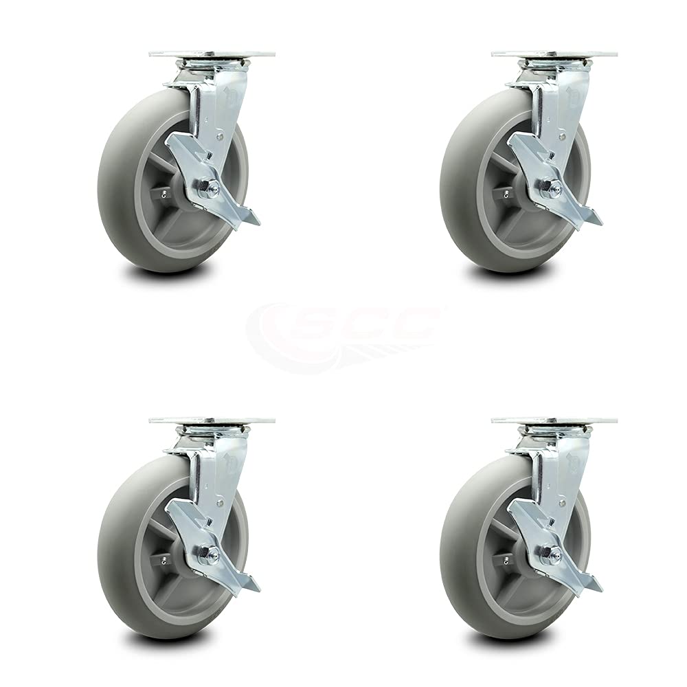 Housekeeping Cart Rigid Caster, 8 Inch Gray Non-Marking Thermoplastic Rubber Wheel, Pack of 2 B634