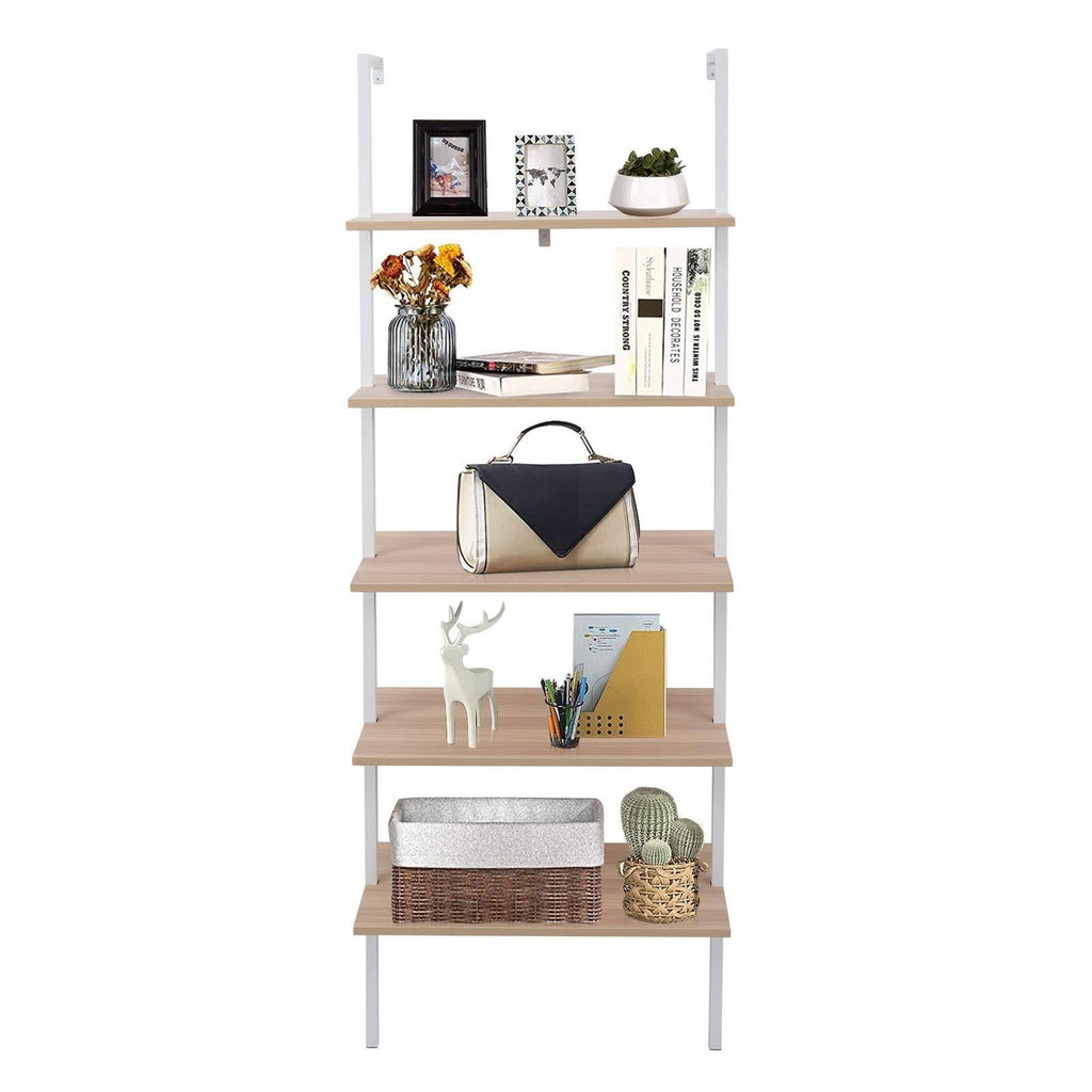 Walnut Beige 5-Tier Wood Ladder Bookcase with Metal Frame X199