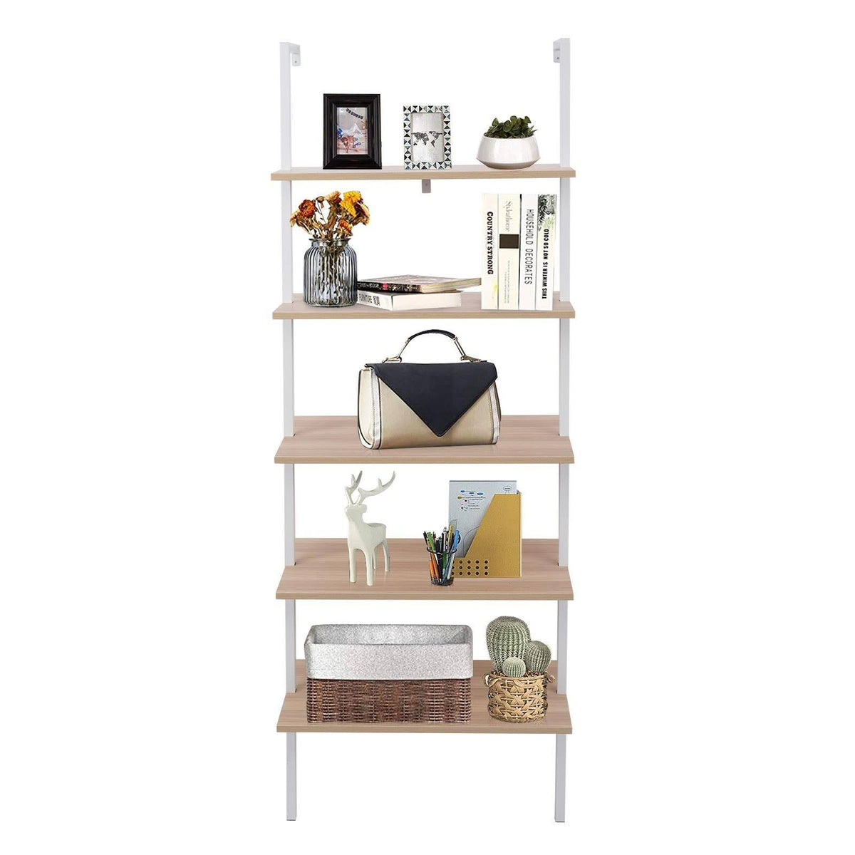 Walnut Beige 5-Tier Wood Ladder Bookcase with Metal Frame X199