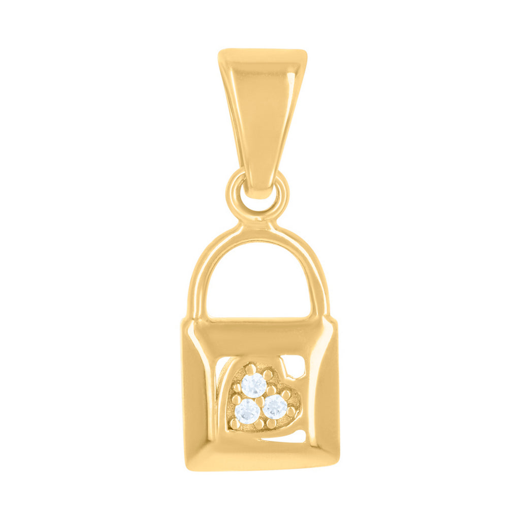 14k Yellow Gold CZ Lock Charm Pendant Necklace R740346