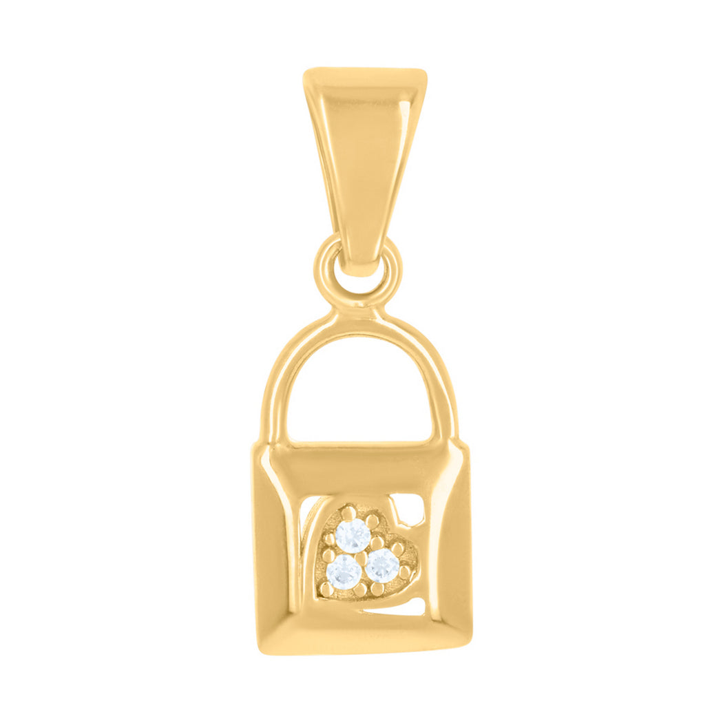 14k Yellow Gold CZ Lock Charm Pendant Necklace R740346