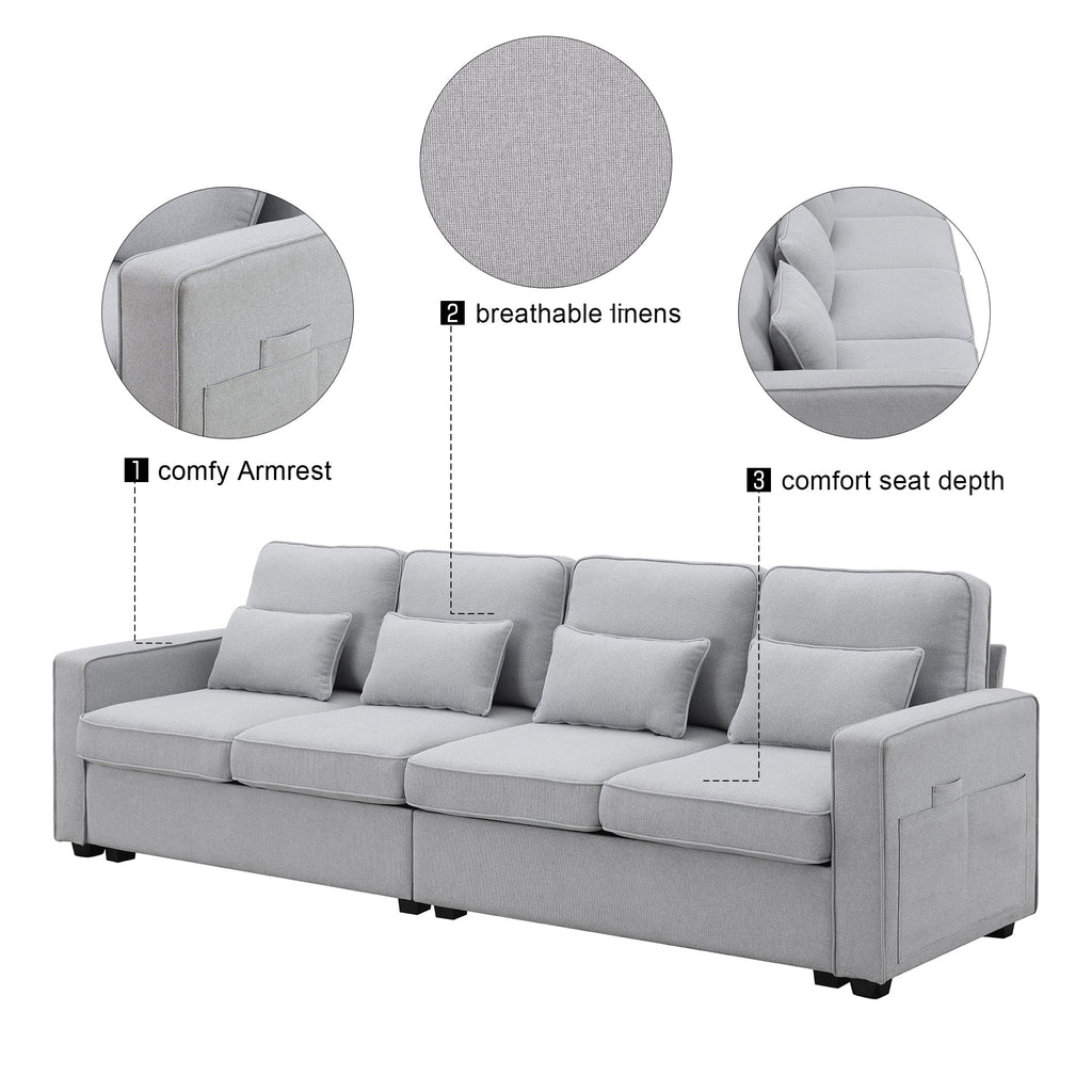 Light Grey 4-Seater Linen Fabric Sofa with 4 Pillows Z17171