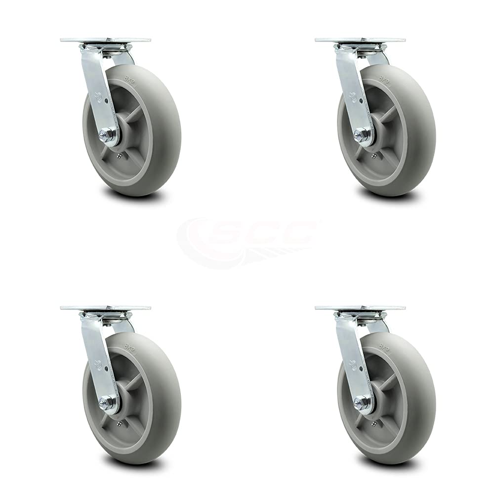 Housekeeping Cart Rigid Caster, 8 Inch Gray Non-Marking Thermoplastic Rubber Wheel, Pack of 2 B634