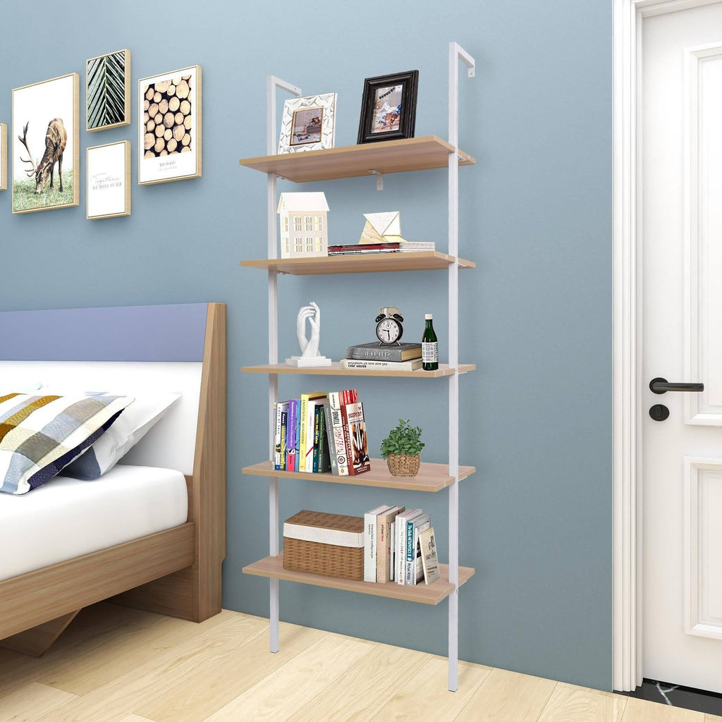 Walnut Beige 5-Tier Wood Ladder Bookcase with Metal Frame X199