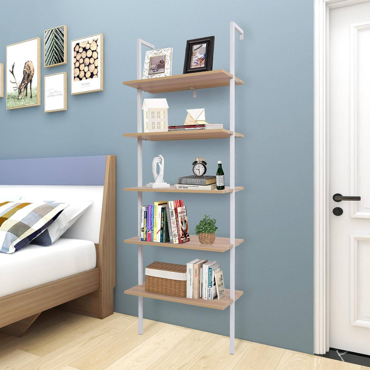 Walnut Beige 5-Tier Wood Ladder Bookcase with Metal Frame X199